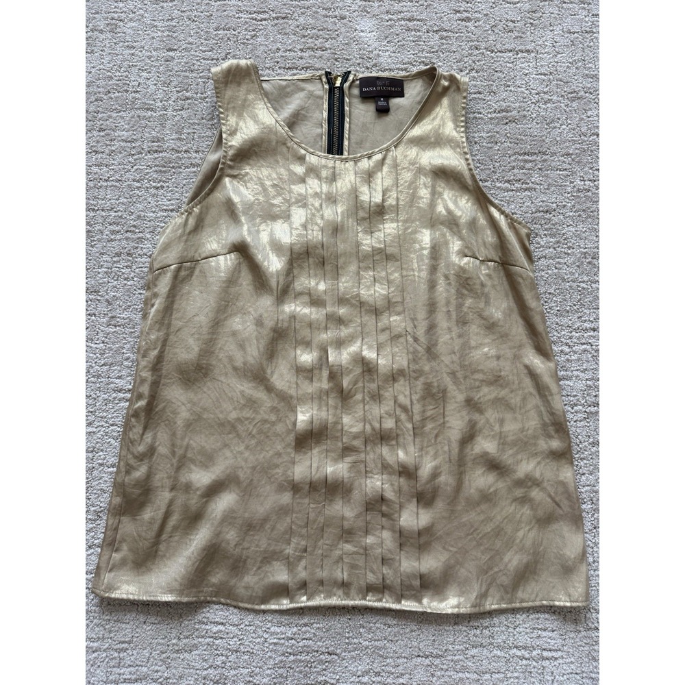 NWT DANA BUCHMAN Sz M Women's Blouse Sleeveless Gold Pleated Back Zipper